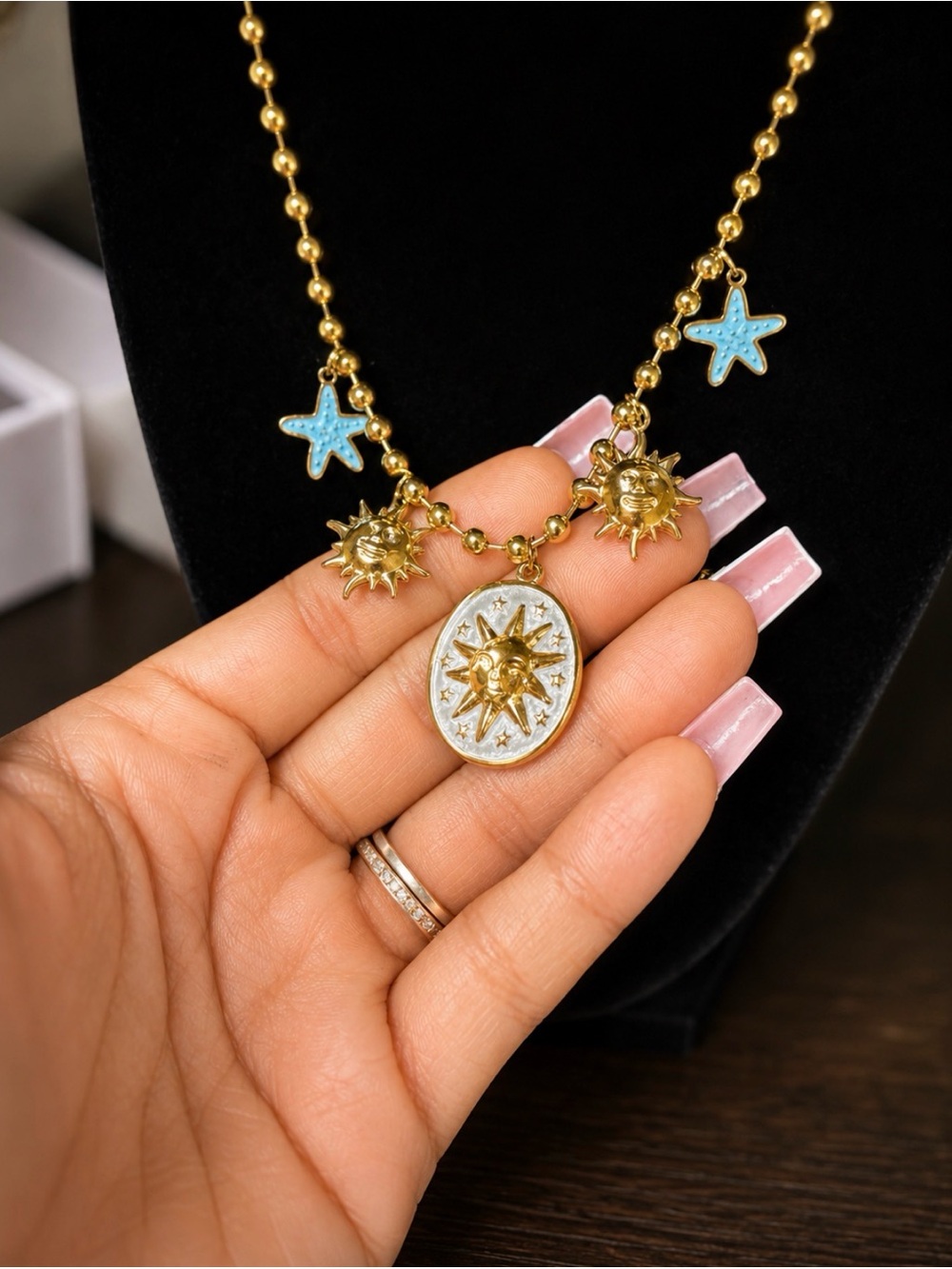 Sun & Star Gold-Tone Pendant Necklace with Blue Accents